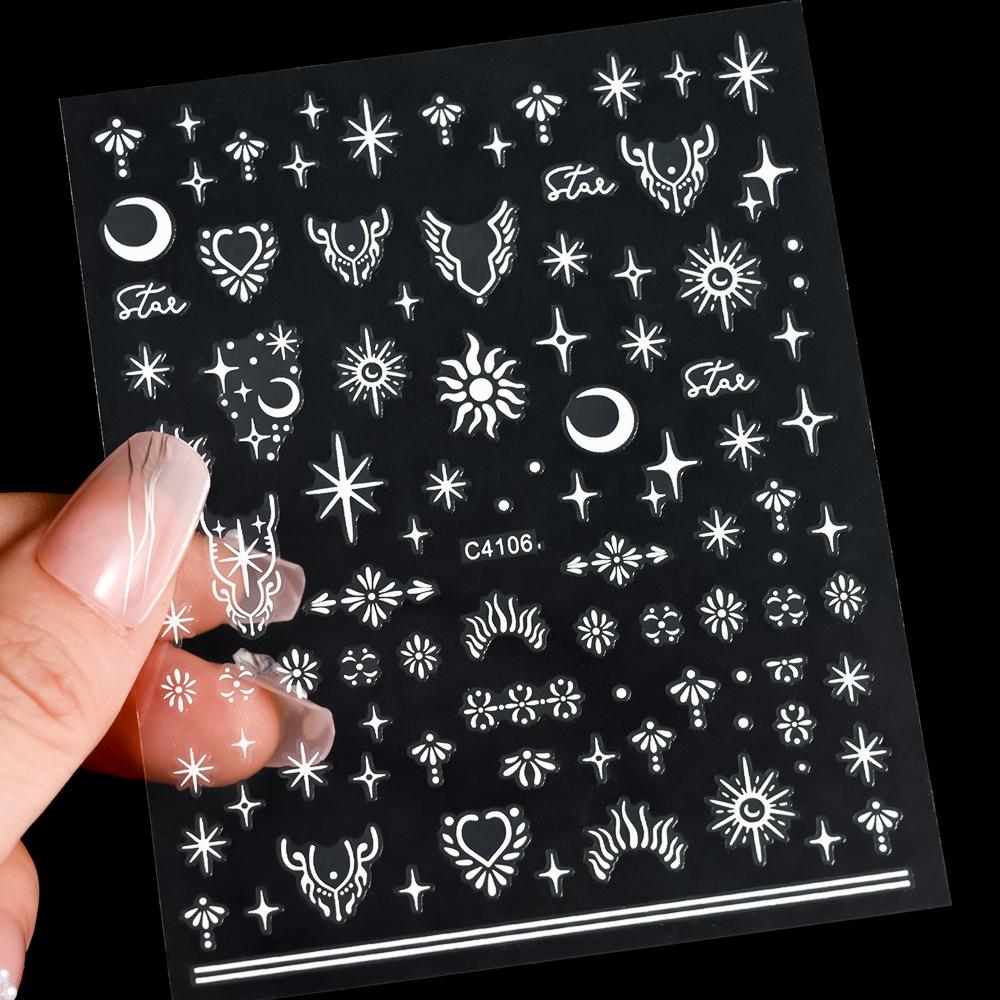 Black White Star 3D Nail Art Sticker Y2K Pentagram Self-Adhesive Decals Laser Shiny Glitters Starlight Manicure Ornaments Slider