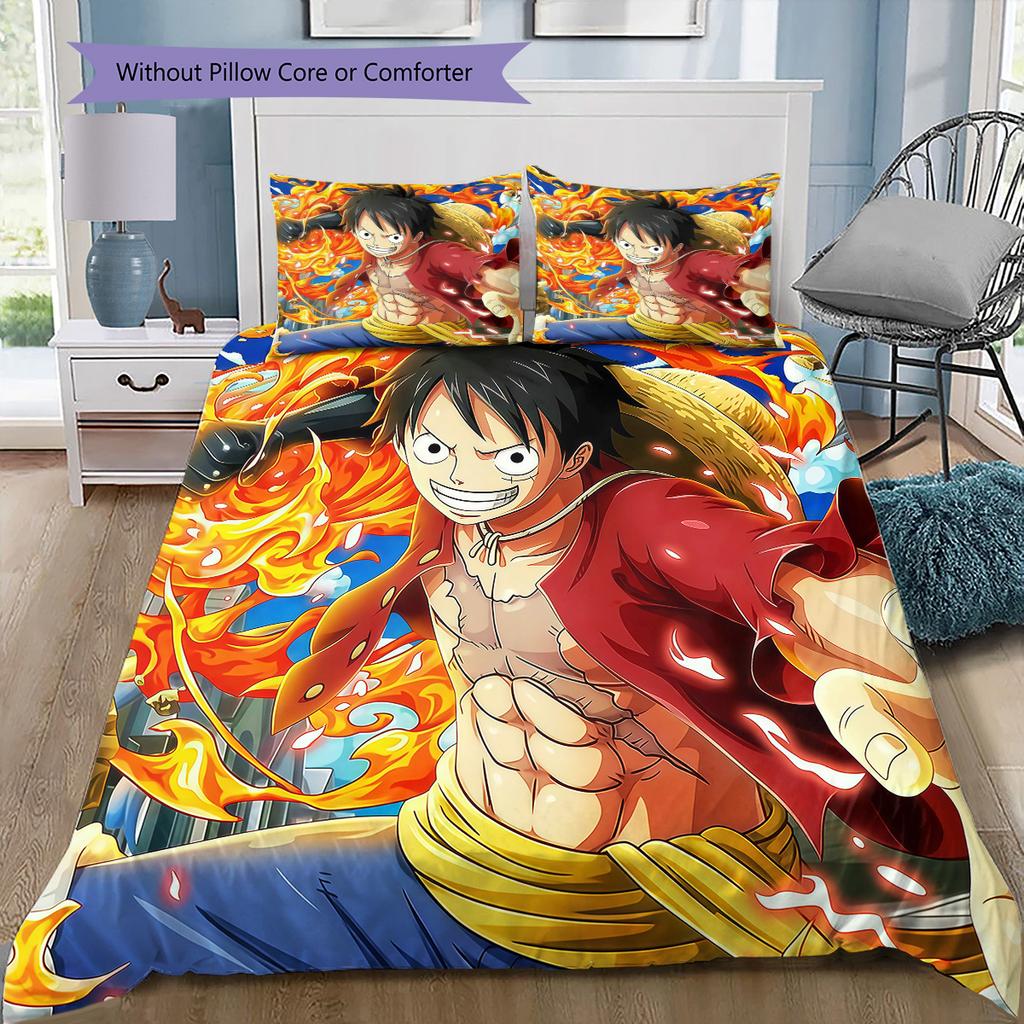 One Piece Anime Pattern Bedding Quilt Set Quilt Cover Pillowcase Home Birthday Gift(1 * Duvet Cover + 2 * Pillowcase, Without Core)