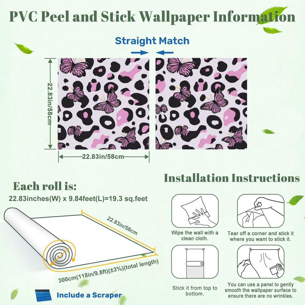 Pink Butterflies Leopard Print Wallpaper 22.83"X118" Waterproof Wallpaper for Living Room/Bedroom/Bathroom PVC Wall Sticker