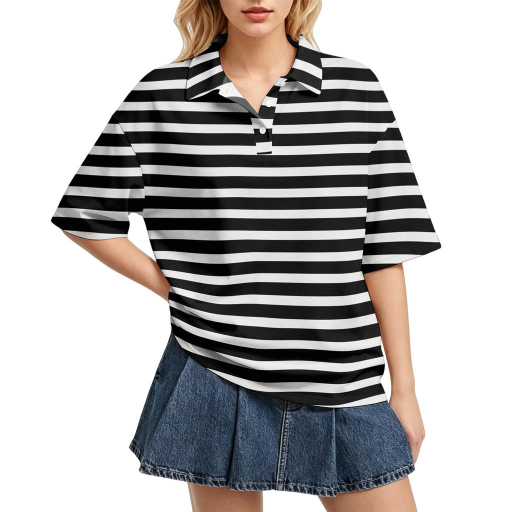 Camisa Polo Casual para Mujer de Corte Holgado con Mangas Cortas, Ligera, con Patrón de Rayas, Top de Verano con Cuello Clásico y Tapeta de Botones