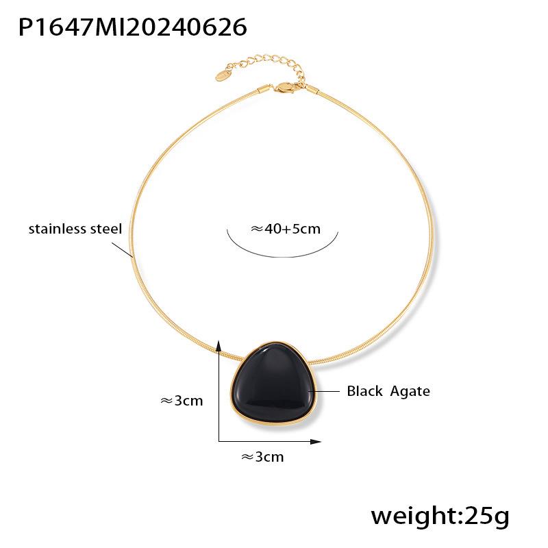 Minimalist Black Agate Triangle Pendant Necklace in Titanium Steel
