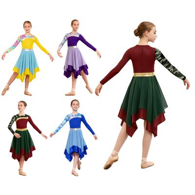 Elegant Praise Dance Costume for Kids Girls: Long Sleeve Patchwork Dress with Hidden Back Zipper & Artistic Irregular Hem