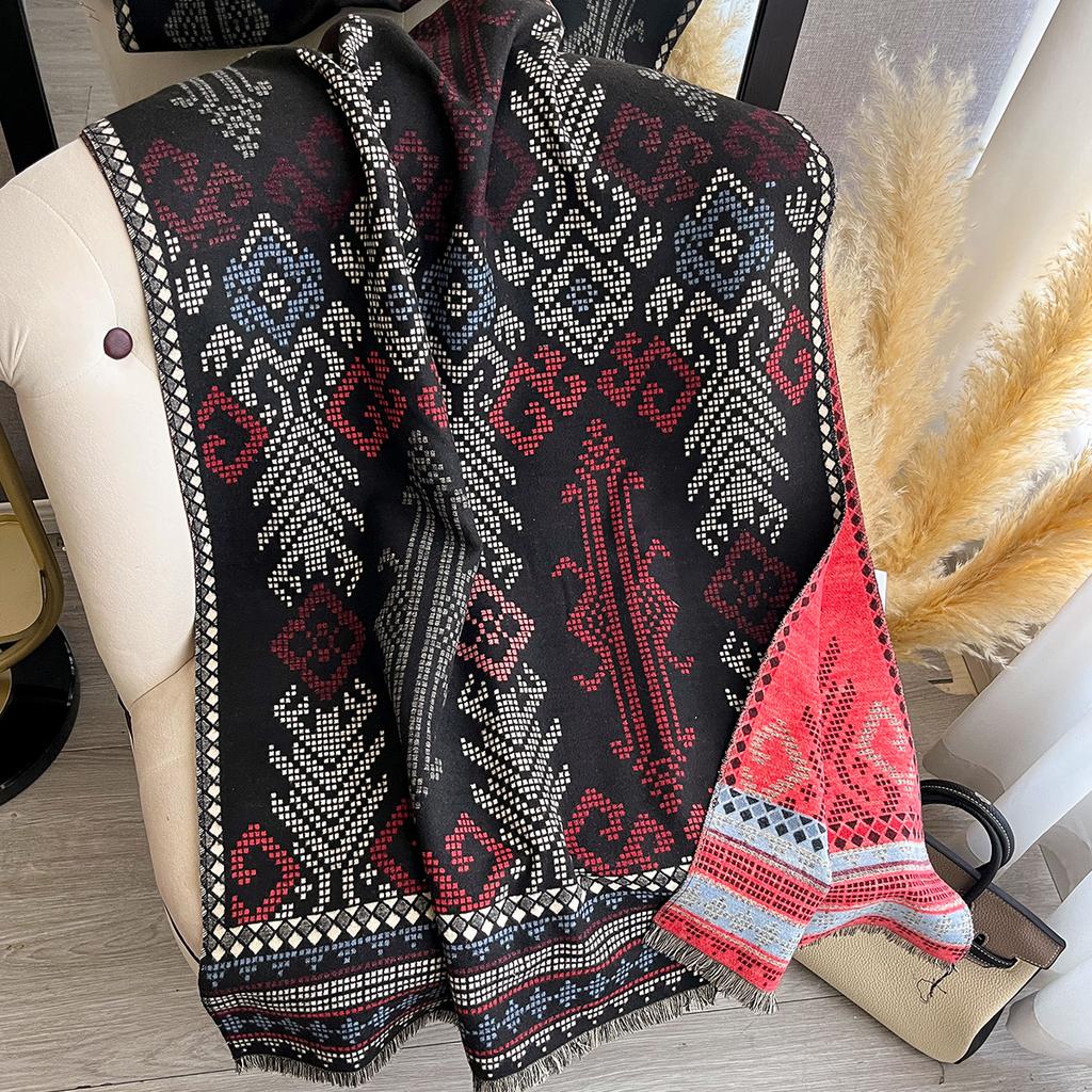 Women Ethnic Bohemia Two Sided Print Imitation Cashmere Scarf Soft Warm Pashmina Shawl Autumn Winter Coldproof Windproof Blanket
