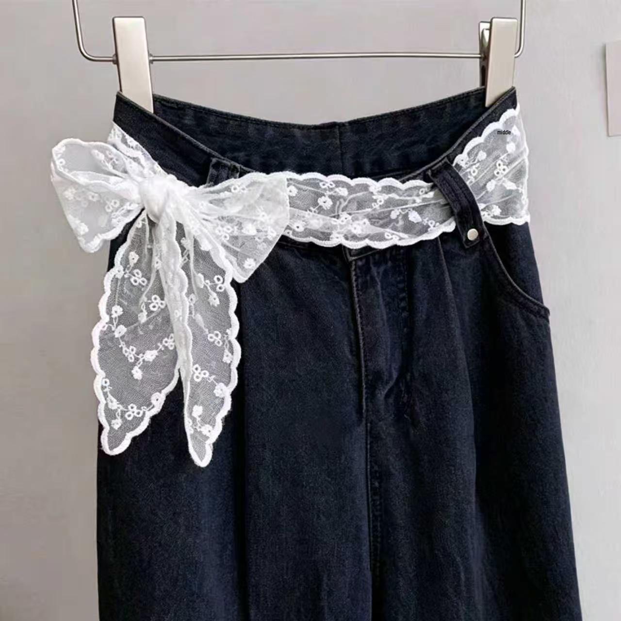 Women s Embroidered French Lace Tie-Up Silk Ribbon Belt for Jeans and Dresses