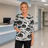 Women's Halloween Print V Neck Medical Scrub Top with Pockets Side Slits and Three Quarter Sleeves Suitable for Healthcare Professionals