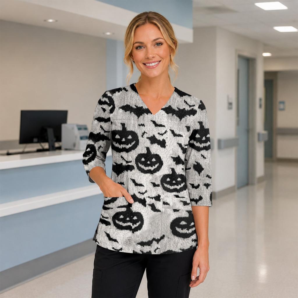 Women's Halloween Print V Neck Medical Scrub Top with Pockets Side Slits and Three Quarter Sleeves Suitable for Healthcare Professionals