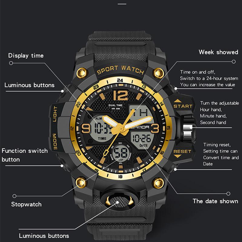 Nové SANDA Módní trend Outdoorové sportovní nárazuvzdorné hodinky Pánské multifunkční vodotěsné svítící elektronické hodinky Pánské hodinky