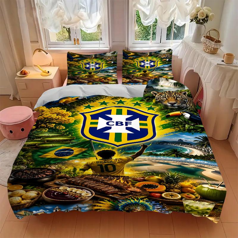 3pcs Brazilian Football Celebration Bedding Set, Includes One Quilt Cover and Two Pillowcases, Bedroom and Guest Room Decoration. T72301147