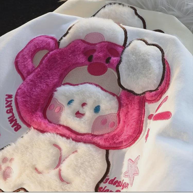 Women's Summer Bear & Rabbit Cotton T-shirt - Short-Sleeve, Loose Fit, Trendy Design