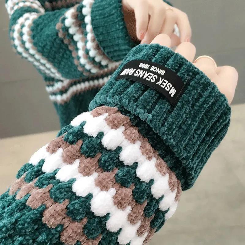 WTEMPO Women's Autumn Winter Large Size All-match Striped Sweaters Female Loose High Collar Long Sleeve Warm Knitted Pullover