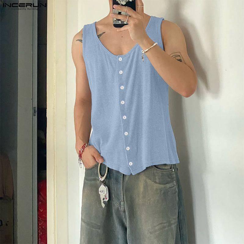 INCERUN Summer Men V Neck Sleeveless Ribbed Casual Loose Tank Tops
