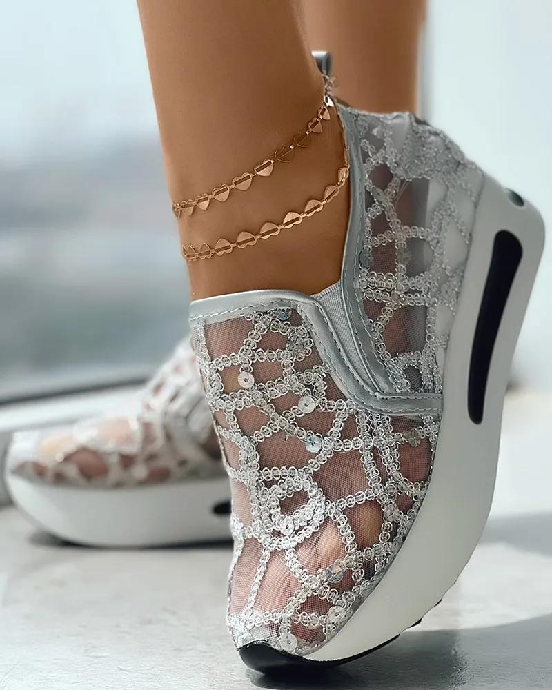 Fashion women's Muffin Sneakers Sequin Slip On Casual Shoes Round Toe Bling Bling Contrast Paneled Low Heel Sequin Slip On Sneakers