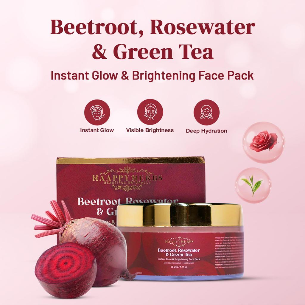 Haappy Herbs Aufhellende Gesichtsmaske 50g - Rote Bete, Rosenwasser & Grüner Tee Glow Gesichtsmaske gegen Pigmentierung, Dunkle Flecken & Fahle Haut - Feuchtigkeitsspendende Tonerde F