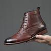 Men's Brogue Ankle Boots: Carved Cowhide High-Top, Pointed Toe, Autumn/Winter Fashion, Large Size.
