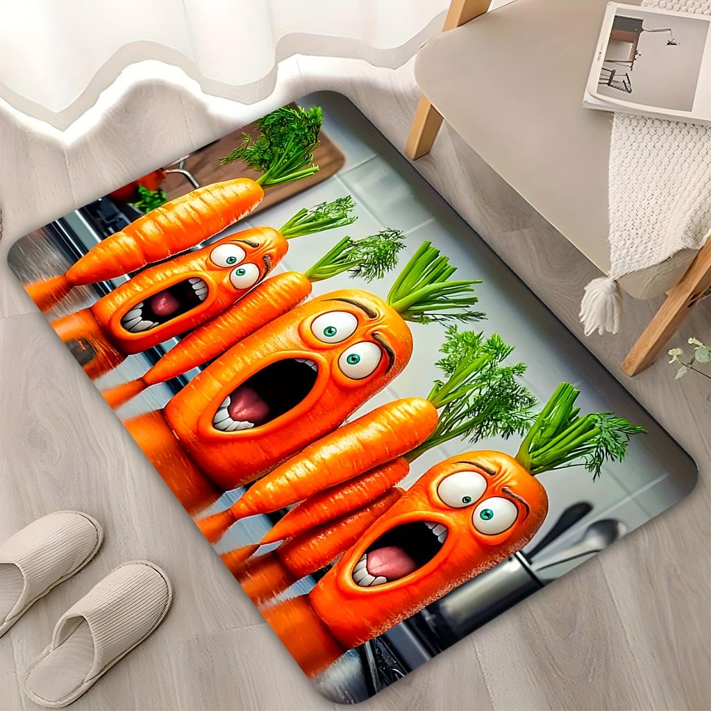 1pc 2D Flat Funny Screaming Carrots Kitchen Rug Non Slip Flannel Mat For Cooking Area Floor Decor