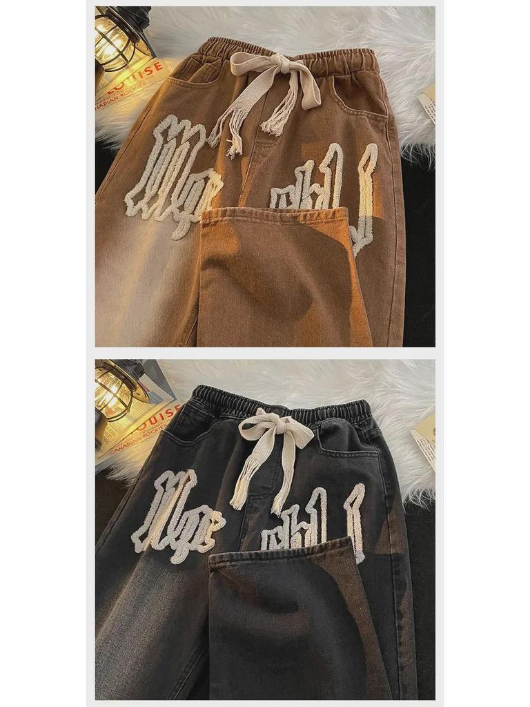 Męskie modne dżinsy proste na każdą porę roku z haftem