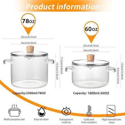 Large Capacity Vertical Grain Instant Noodle Pot - High Borosilicate Double Ear Glass with Pressure Nozzle