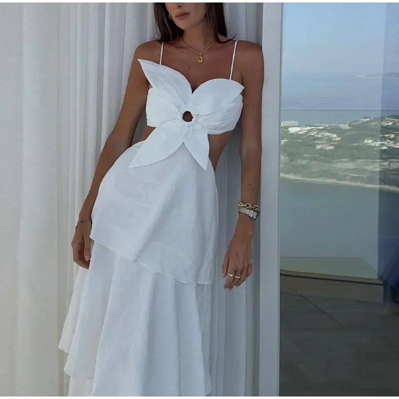 White Flower Sling Dress Women Hollow Out Sleeveless Backless Ruffles Party Long Holiday Dresses Female