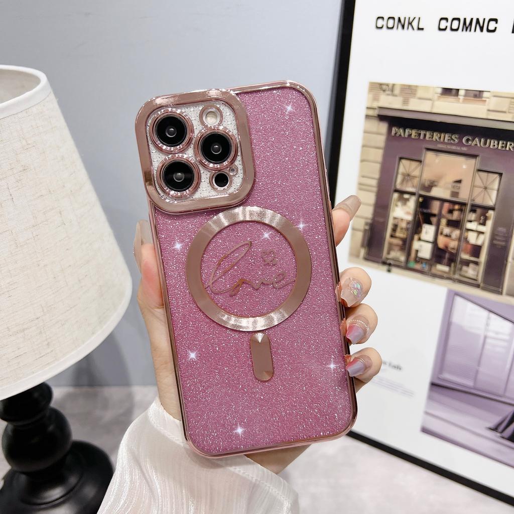 Electroplated Magnetic Soft Case for iPhone 15 Pro Heart Full Coverage Ins Apple 17 Gradient Glitter Phone Case Cover