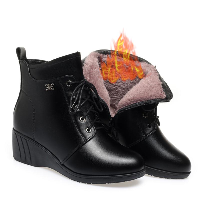 Autumn Winter Warm Fur Cotton Thick Shoes Women's High Heels Leather Wedges Soft Bottom Flat Bottom Ankle Boots