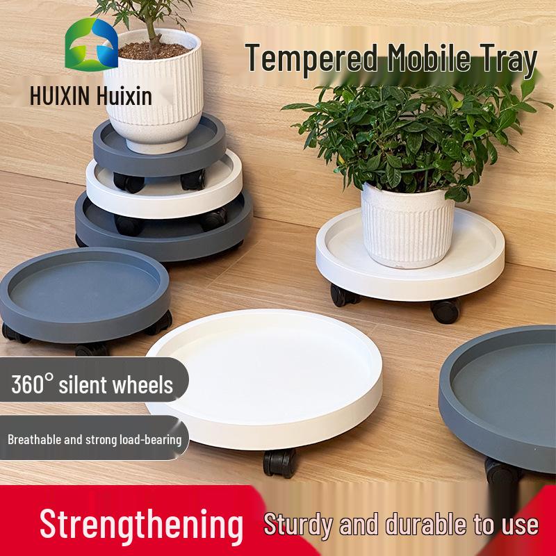 Round Movable Flower Pot Tray with Tempered Load-Bearing Wheels