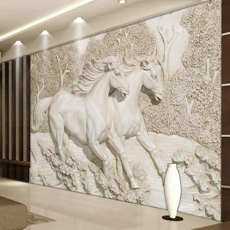 3d Wallpaper Stereo Relief White Horse Photo Wall Murals Classic Living Room Tv Backdrop Wall Mural Home Decor