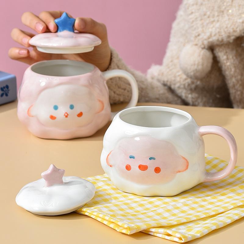 Cute Healing Ceramic Cup for Household Drinking Water Cartoon Creative Gift Children Mug Girl Couple with Lid Cup