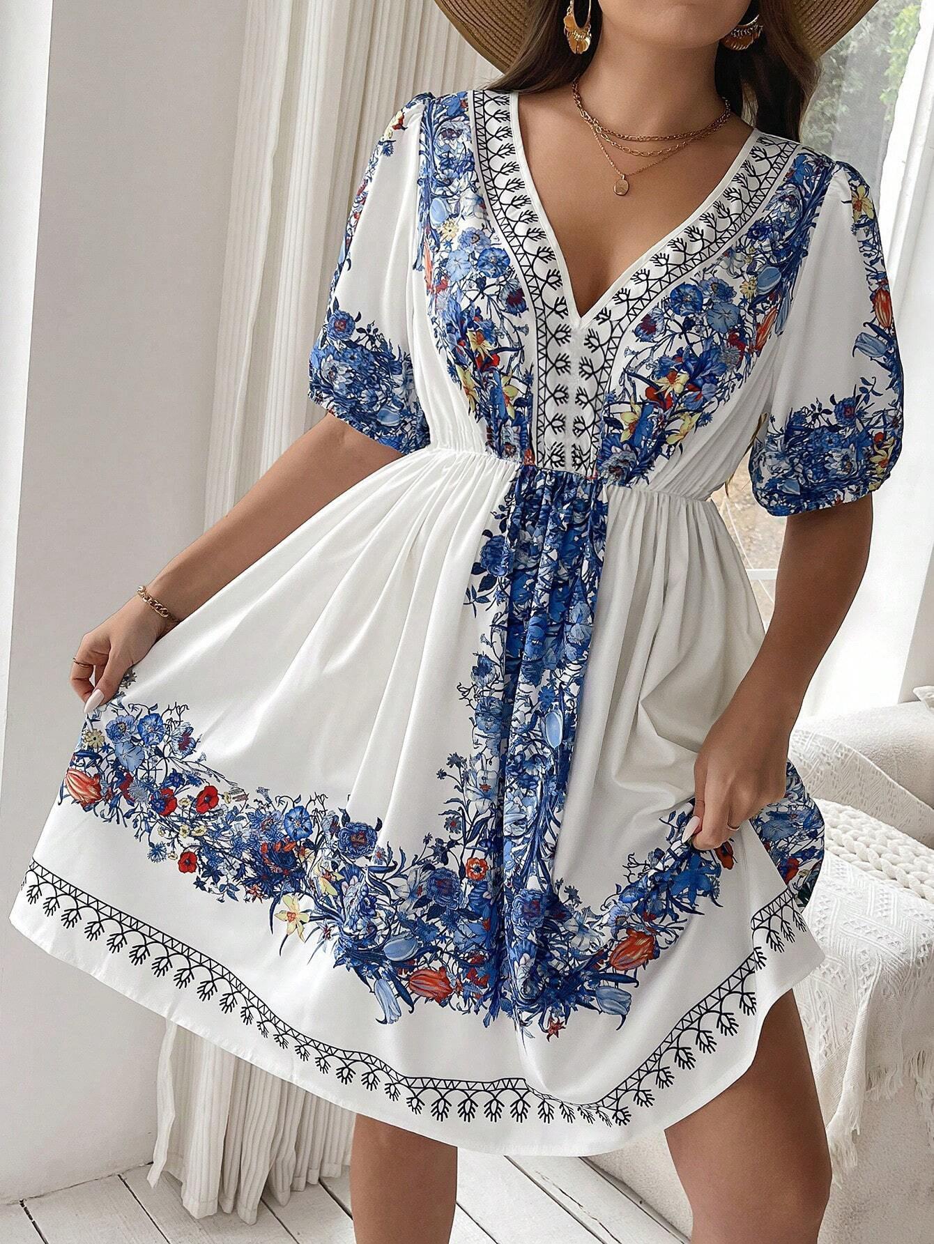 

2026 Plus Size European & American Court-Style Printed V-neck Lantern Sleeve Slimming Pleated A-line Dress 3XL білий