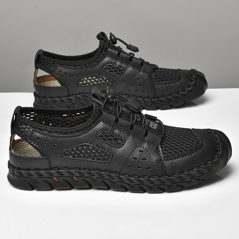 Men Microfiber Leather Hand Stitching Breathable Mesh Casual Soft Sandals