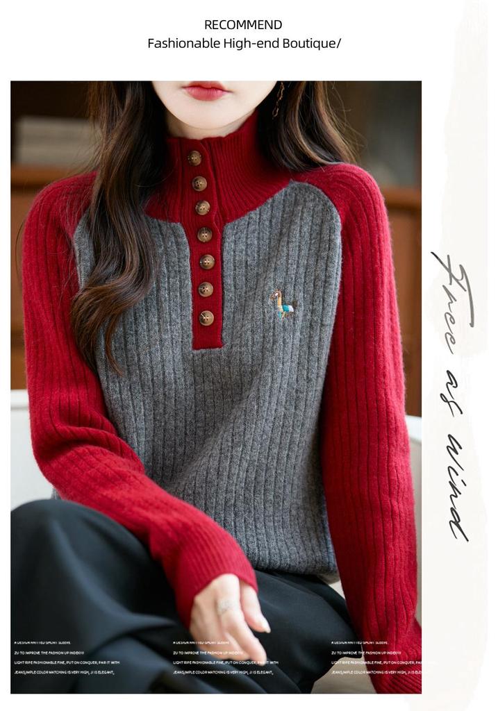 Women's Stand Collar Thick Embroidered Wool Sweater - Autumn/Winter Knitwear with Color Block and Small Horse Logo