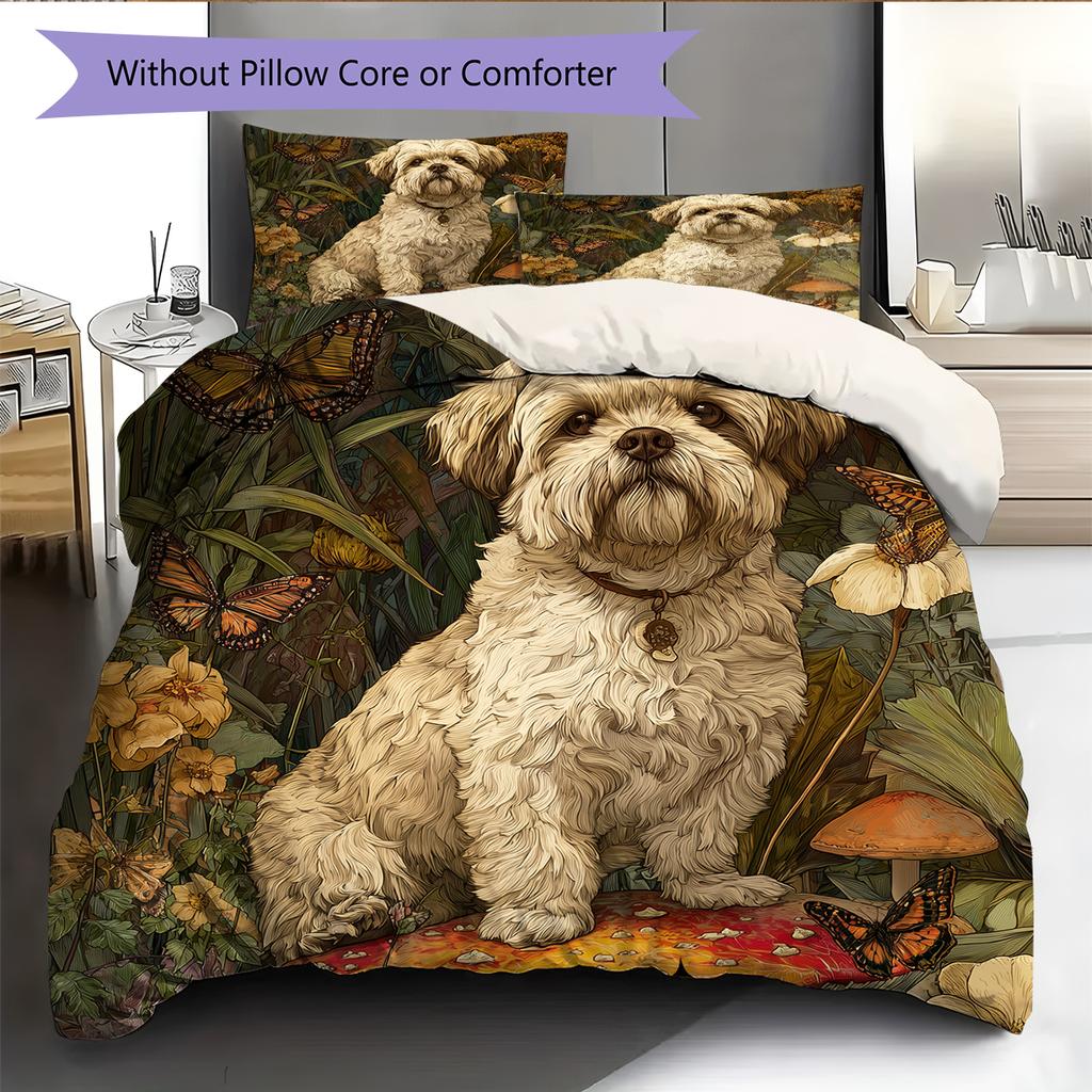 Shih Tzu and grass Pattern Bedding Home Decoration Birthday Gift (1 * duvet cover + 2 * pillowcase, without core)