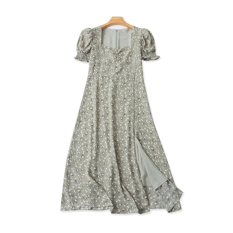 

French style Square Collar Floral Dress Summer New Split Short sleeve Women Pullover Slimming Mid-Length Skirts 12222 Gray Green S
