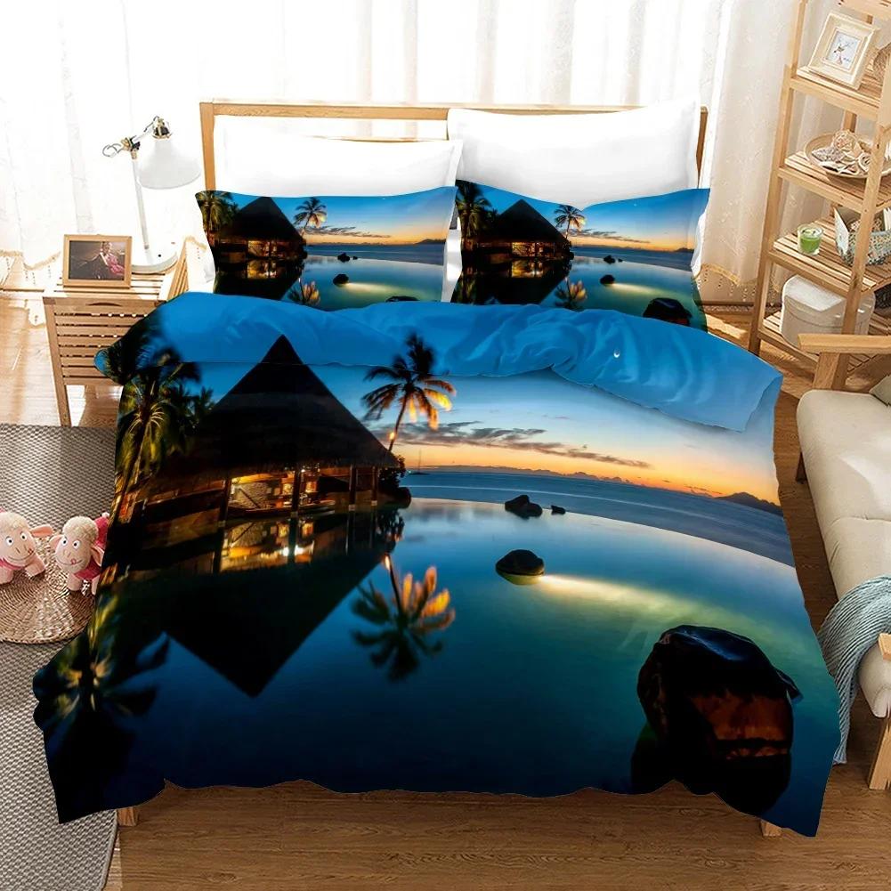 Tropical Island With The Palm Tree Comfortable Duvet Quilt Cover Pillowcase Bedding Set Children Bedroom Decoration Home Textile