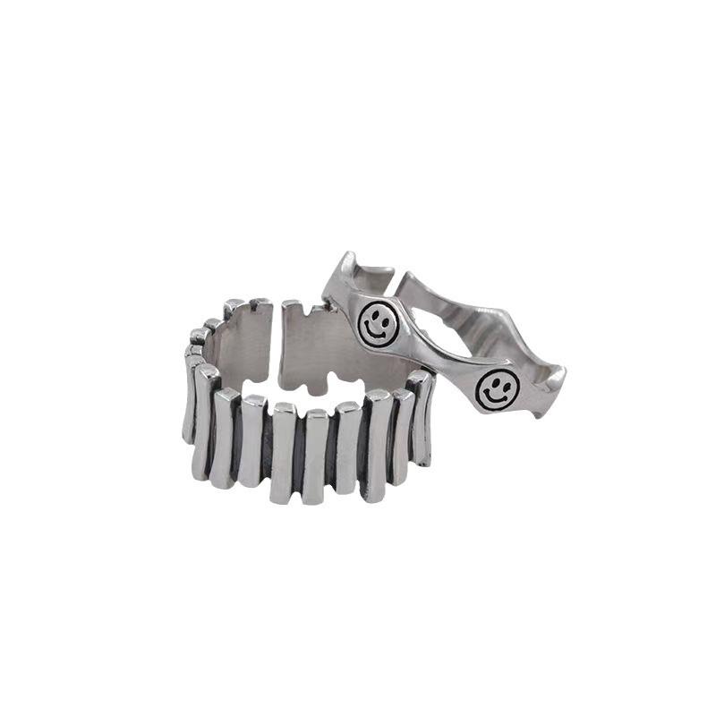 Vintage Silver Stackable Smiley Face Ring - Niche Design, Simple Fashion Wave Fence Ring for Women