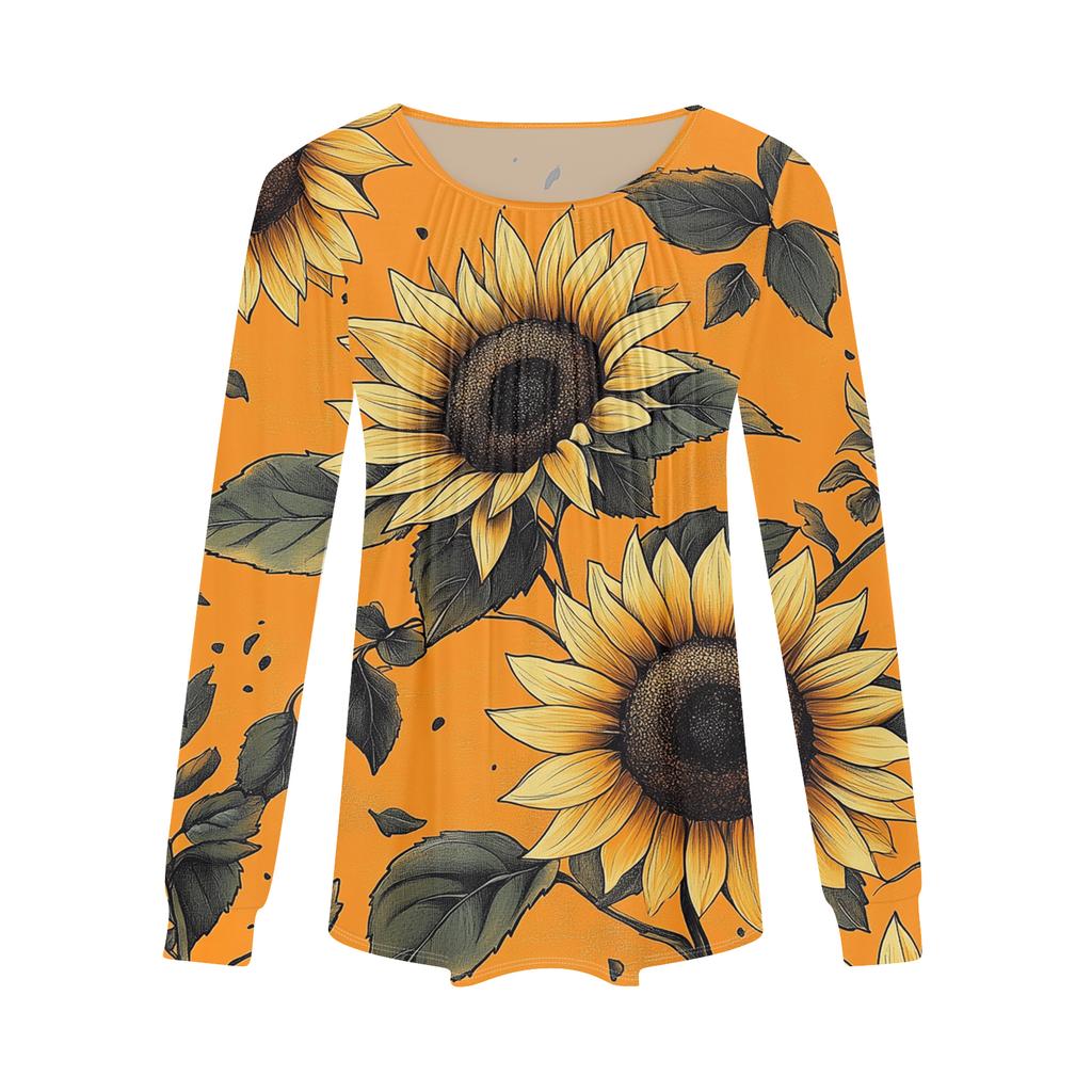 Damenmode Lässig Plissiert Rundhals Vintage Blumendruck Langarm T-Shirt Top