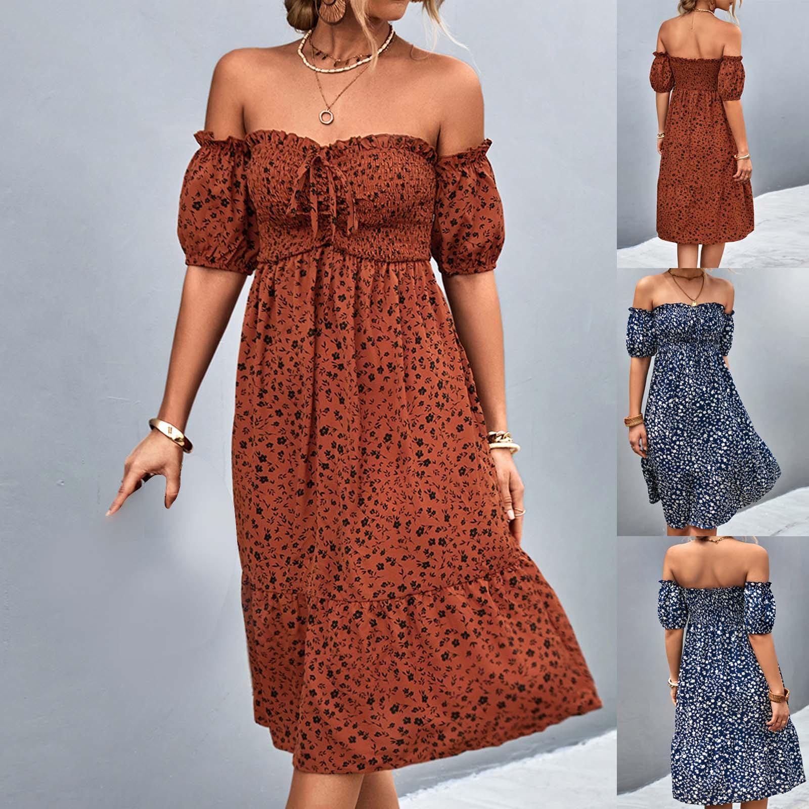 

Женская мода Летние повседневные платья с принтом с открытыми плечами