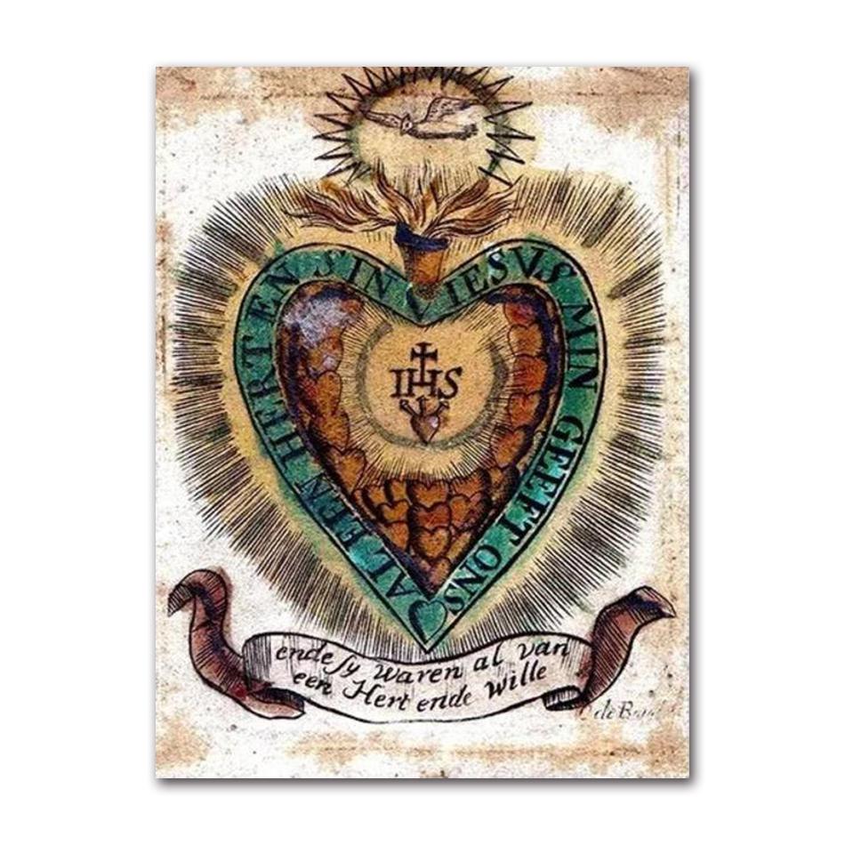 Art Print Mary Religious Canvas Painting Abstract Christian Wall Decor for Home Vintage Sacred Heart of Jesus