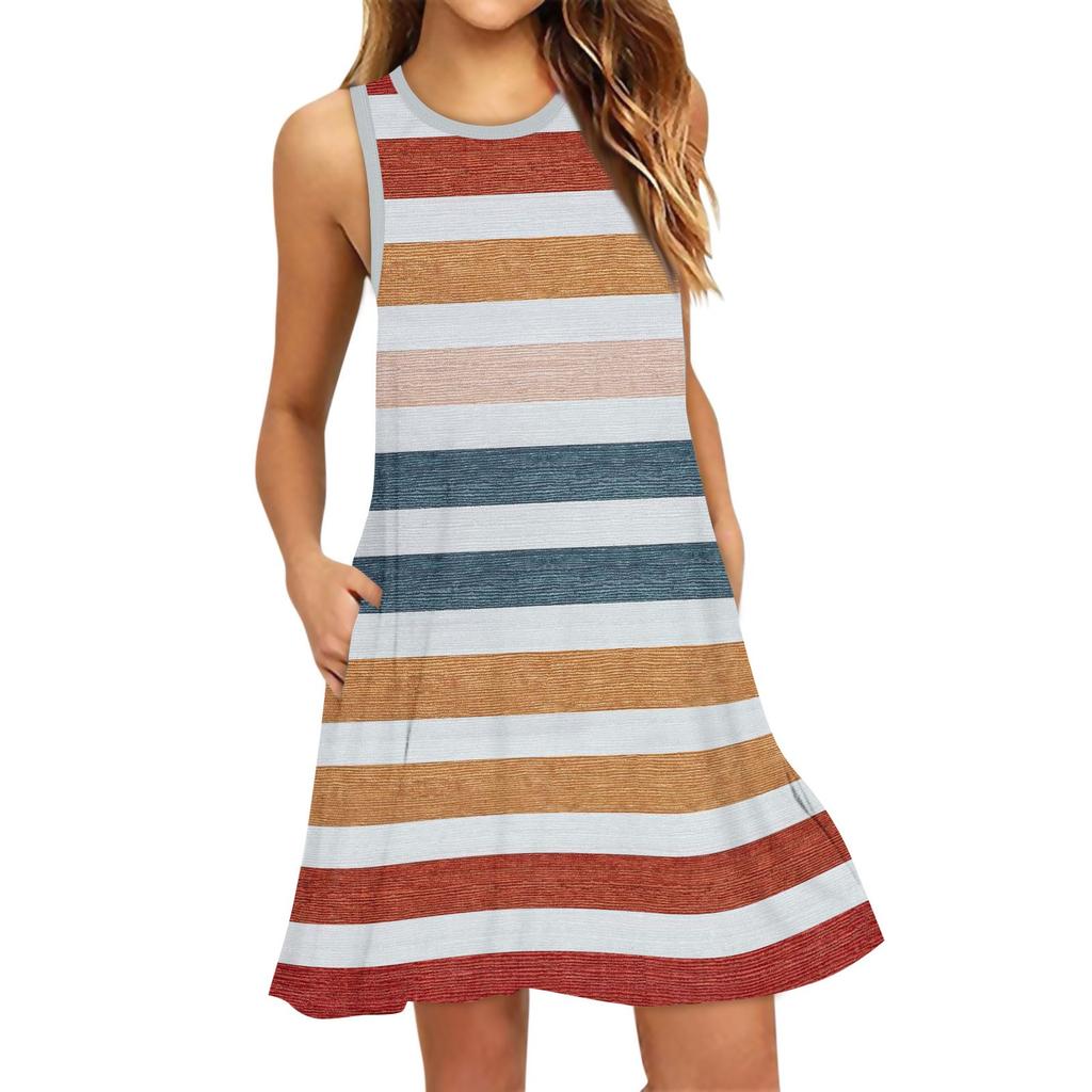 Women's Fashion Beach Dress Sleeveless Round Neck Stripe Print Dress