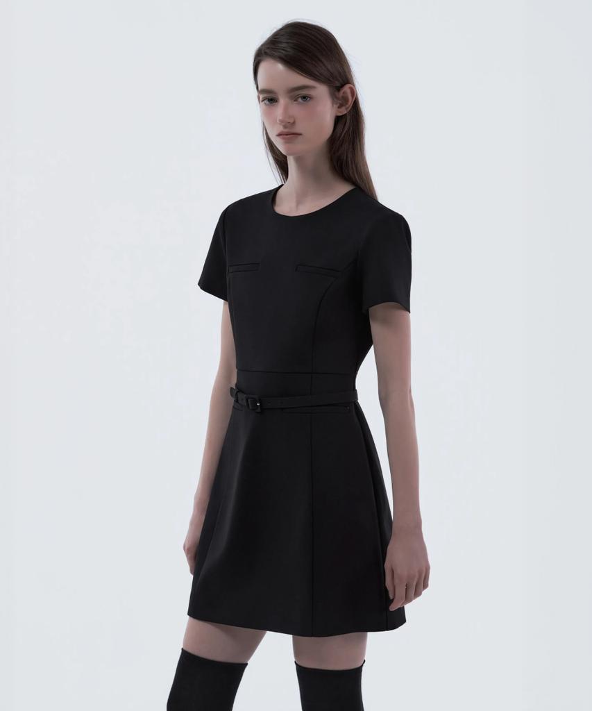 Mausolleum Belted Round Neck Suit Dress - Black