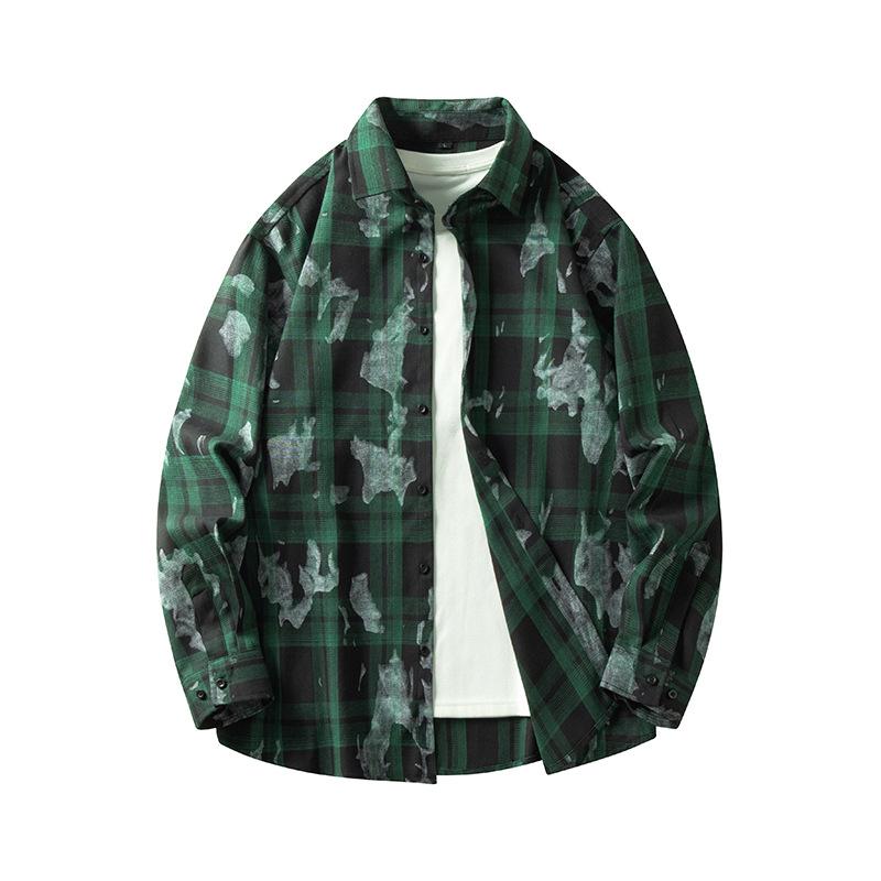 Tie-dye plaid long-sleeved shirts for men and women, autumn new trendy Hong Kong style casual jackets, youth tops
