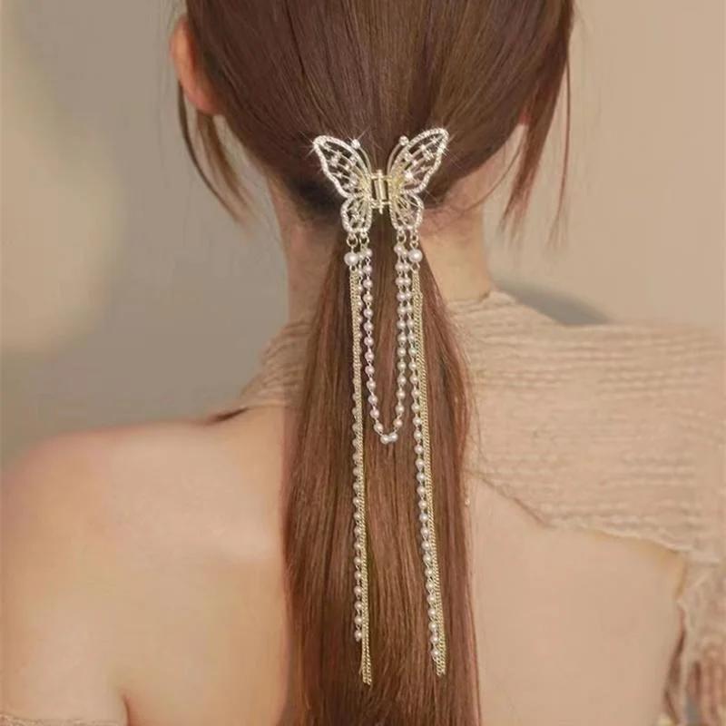 Luxury Pearl Butterfly Hair Clips Rhinestone Tassel Hair Claw Women Temperament Hairpin Ponytail Clip Headwear Hair Accessories