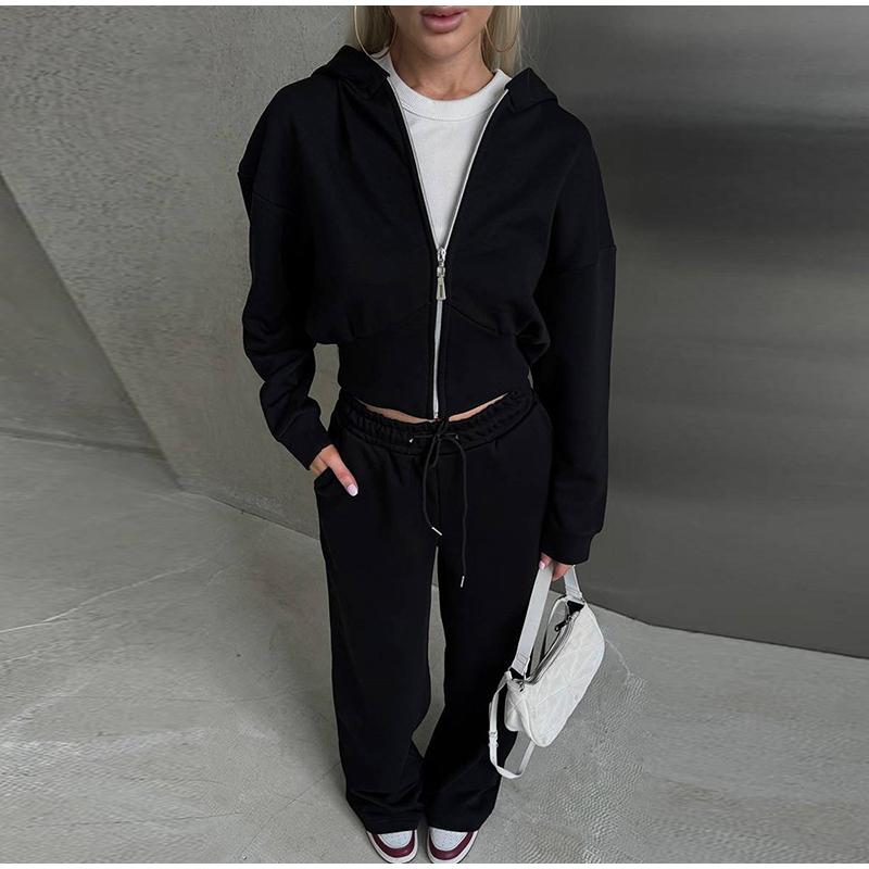 Casual Solid Color Hoodies Pants Set Women Long Sleeve Zipper Short Sweatshirt Slim Drawstring Trouser 2026 Spring Autumn New Lady Tracksuit