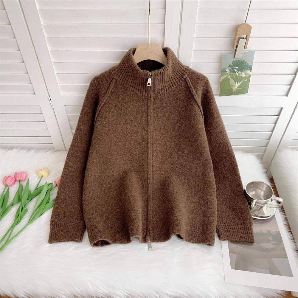 Cross-border Foreign Trade Solid Color Stand-up Neck Zipper Sweater Jacket Autumn and Winter New Loose Thickened Soft Waxy Knitted Cardigan Top