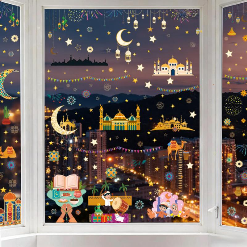 Middle Eastern Festival Wall Decorations Moon Star Lantern Beautify Glass Stickers Removable Adhesive Wall Stickers