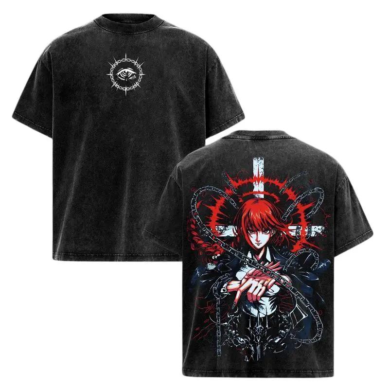 Аниме Человек-бензопила Макима Крутая Графическая Футболка Винтажная Стиранная Оверсайз Футболка Хлопковая С Коротким Рукавом Футболки Мужская Женская Одежда XXL