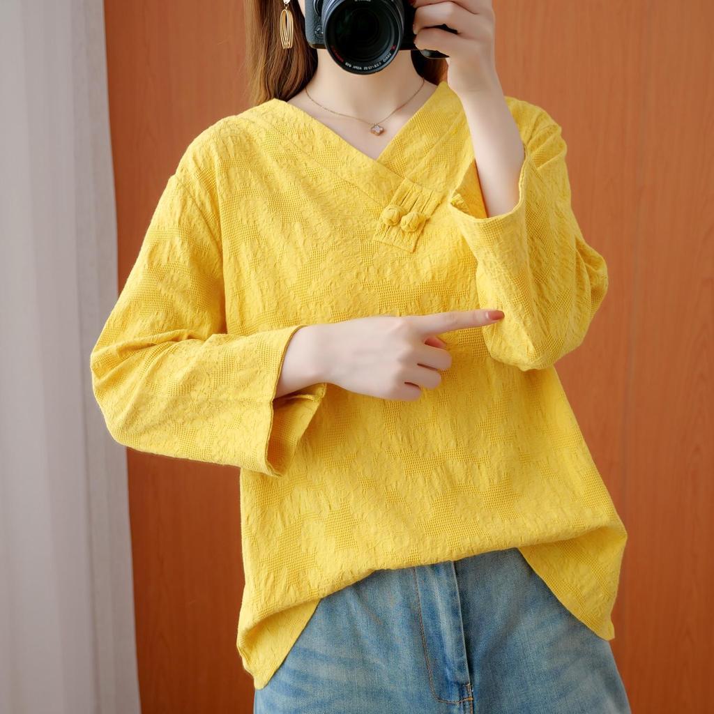 Clothes for Women Chinese Style Vintage Jacquard Elegant Cotton Linen Blouse Ladies O Neck Long Sleeve Loose Irregular Chic Tops