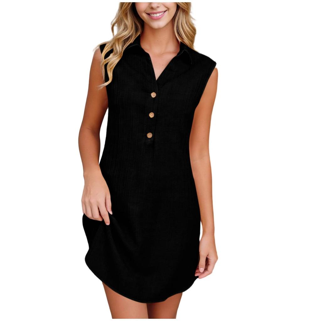 Sleeveless Shirt Dress for Women Button Front Casual Loose Fit Collared Summer Lightweight Tunic Dress