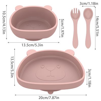 Baby Teller- und Schüsselset mit Saugfuß Silikon Babygeschirrset mit flexibler Gabel Löffel BPA-frei Baby Led Weaning Zubehör