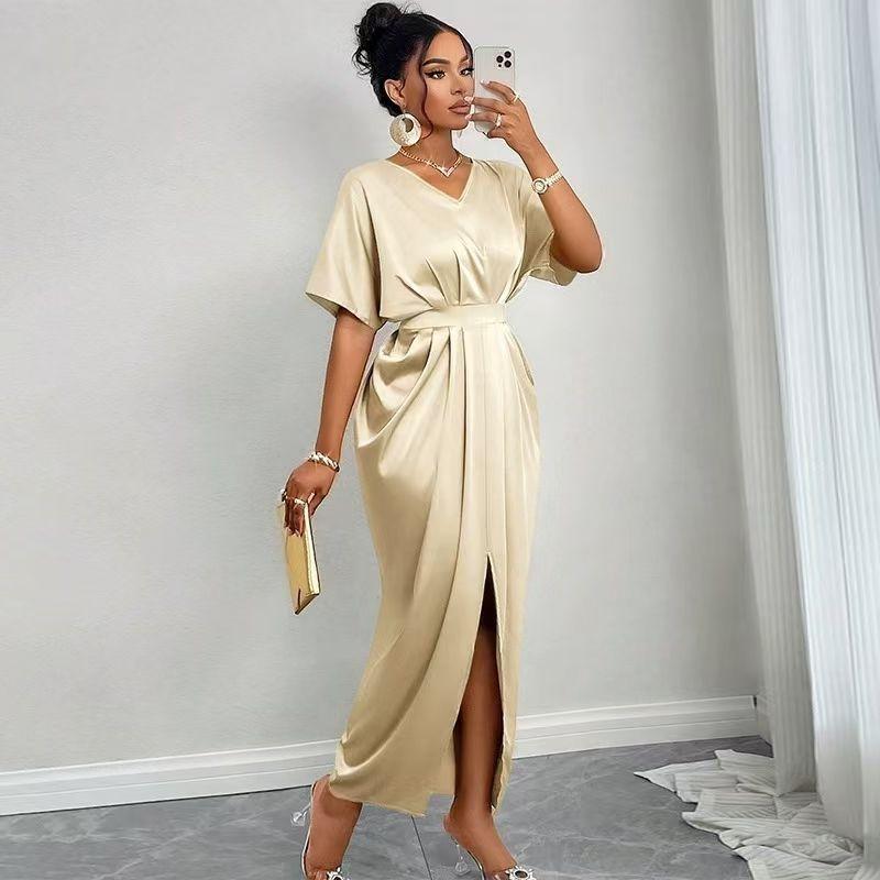 

Western Style New Elegant V-neck Dress Split Slim fit Long dress V-Neck Lace up Slit Dress Khaki XL