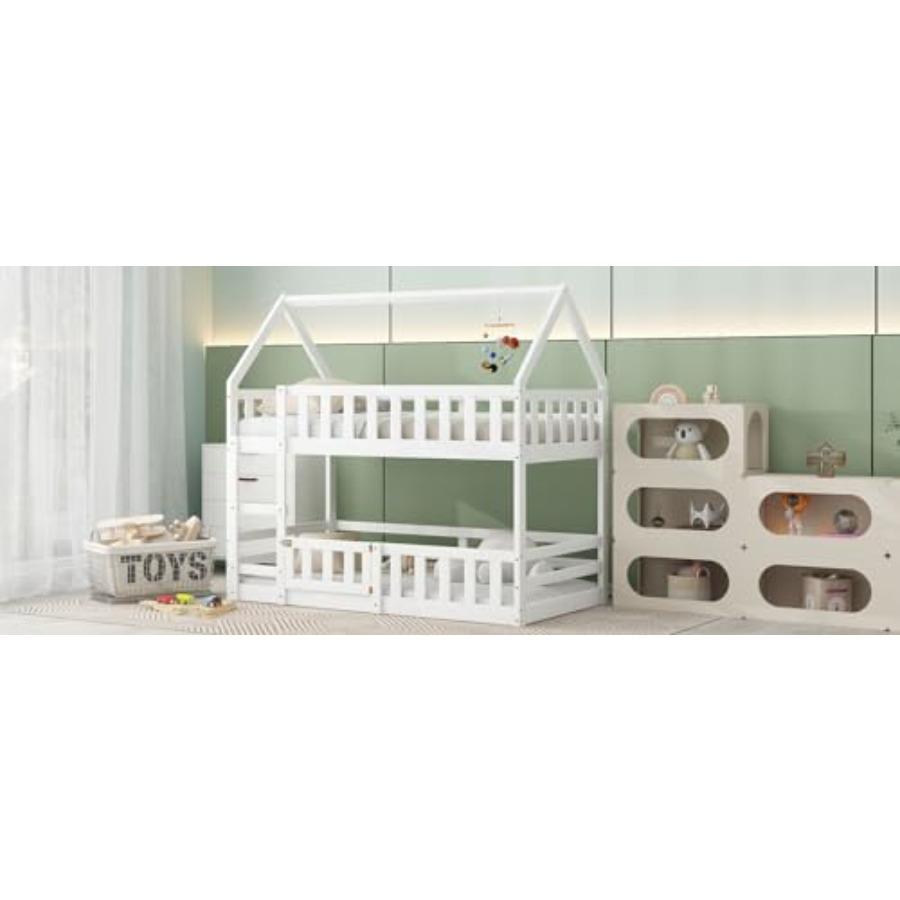 Twin Over House Bunk Bed with Fence and Door, White Bed Frame, Heavy Duty Strong Support Slats, Storage Space Under Base, Easy